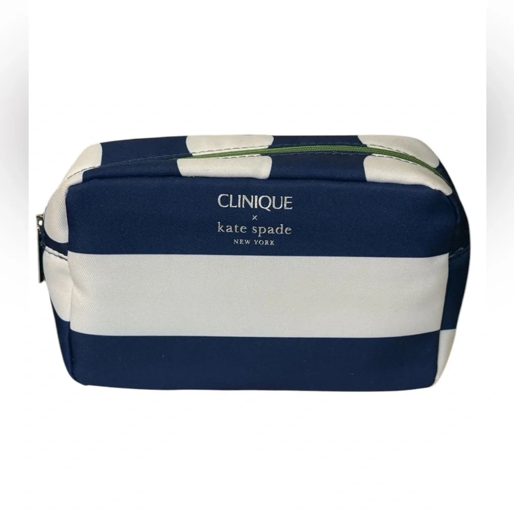 NWOT Clinique X Kate Spade Makeup Bag Navy Blue & White Stripes W/ Dots